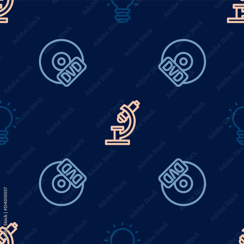 Poster Set line Creative lamp light idea, CD or DVD disk and Microscope on seamless pattern. Vector