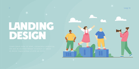 Photographer taking picture of winners of competition. Happy people standing on podium for photo flat vector illustration. Journalism, sport concept for banner, website design or landing web page