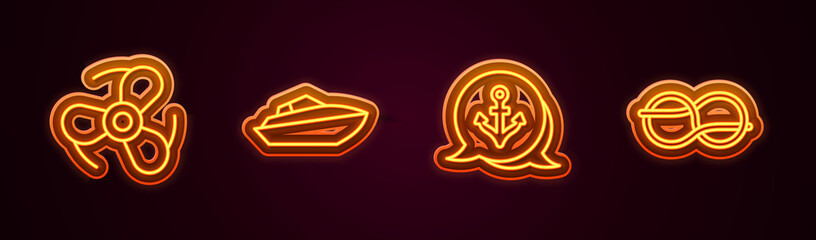 Set line Boat propeller, Speedboat, Anchor and Nautical knots. Glowing neon icon. Vector