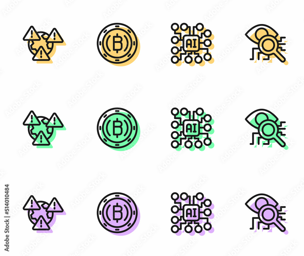 Poster set line neural network, earth with exclamation mark, cryptocurrency coin bitcoin and eye scan icon.
