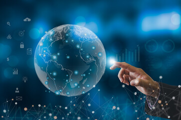 Digital communication and virtual technology concept WEB 3.0.hand touch globe internet.Business...