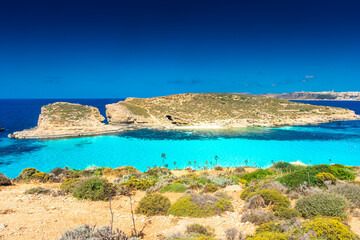 Amazing crystal clear water in the Blue Lagoon of Comino Island,  Malta