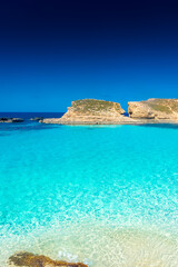 Fototapeta premium Amazing crystal clear water in the Blue Lagoon of Comino Island, Malta