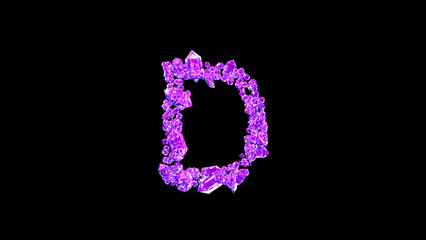 letter D made of pink glamour gems or symbol on black, isolated - object 3D illustration