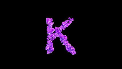 letter K made of rose glamour jewels or symbol on black, isolated - object 3D rendering