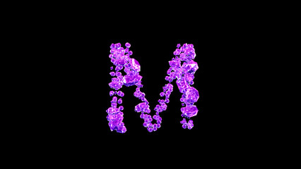 letter M made of purple glamorous gem stones or symbol on black, isolated - object 3D illustration