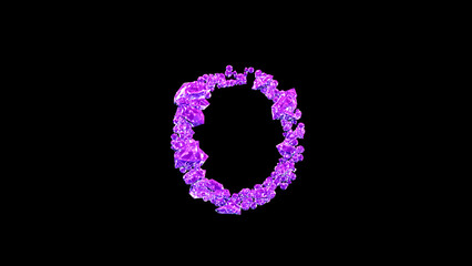 Fototapeta na wymiar letter O made of purple glamour gems or symbol on black, isolated - object 3D rendering