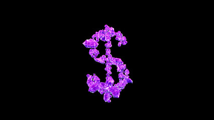 dollar - peso sign made of pink lux gems or symbol on black, isolated - object 3D rendering