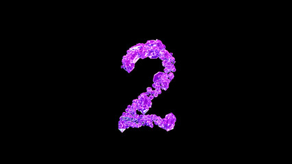 number 2 made of pink lux gems or symbol on black, isolated - object 3D rendering