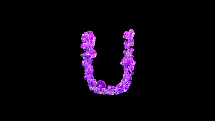 letter U made of pink lux gem stones or symbol on black, isolated - object 3D illustration