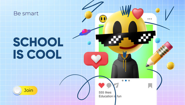 School is cool. Back to school web banner and mobile application with emoji Smiling face in sunglasses and social media icons. Online education, digital learning