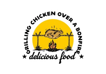 Grilling chicken over bonfire illustration design