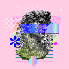 Michelangelo David bust. Vaporwave style poster concept. Aesthetic contemporary art collage