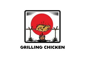 Grilling chicken over bonfire illustration design