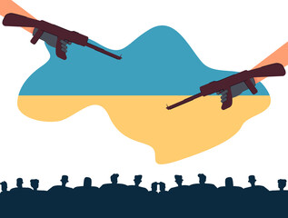 Hands of Russian and Ukrainian soldiers holding rifles. Flag of Ukraine and silhouettes of people flat vector illustration. Violence, war, aggression concept for banner, website design or landing page