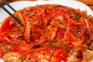 A delicious Chinese Guangxi dish, fried egg with five willows