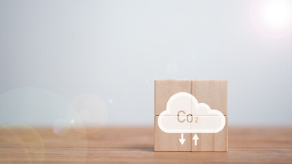 CO2 emission concept.  industries business concept. emissions. Renewable energy, sustainable technology, ecology solutions.  wooden cubes with CO2 emission reduction icon.