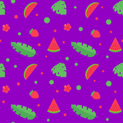 This is a seamless pattern with watermelon, strawberry and tropical leaves on a purple background