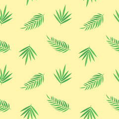 This is a seamless pattern with tropical leaves on a yellow background