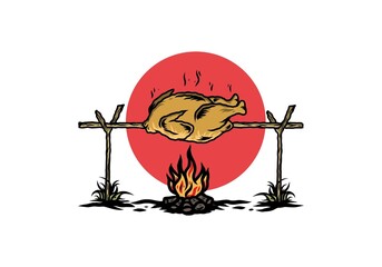 Grilling chicken over bonfire illustration design