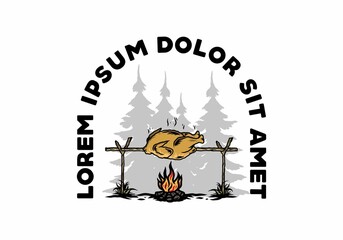 Grilling chicken over bonfire illustration design