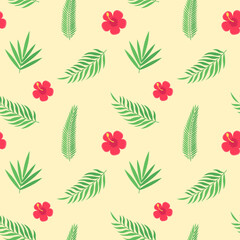 This is a seamless pattern with tropical leaves on a yellow background