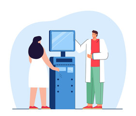 Doctor and patient standing next to X-ray machine. Back view of woman at medical checkup flat vector illustration. Medicine, health, radiology concept for banner, website design or landing web page