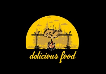 Grilling chicken over bonfire illustration design