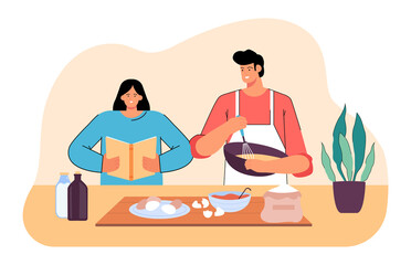 Friends or couple making food together in kitchen. Man and woman baking according to recipe book flat vector illustration. Cooking, communication concept for banner, website design or landing web page