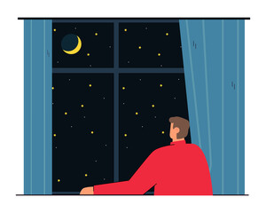 Back view of man standing in front of window. Male character looking at moon and stars in night sky flat vector illustration. Nighttime, dreams concept for banner, website design or landing web page