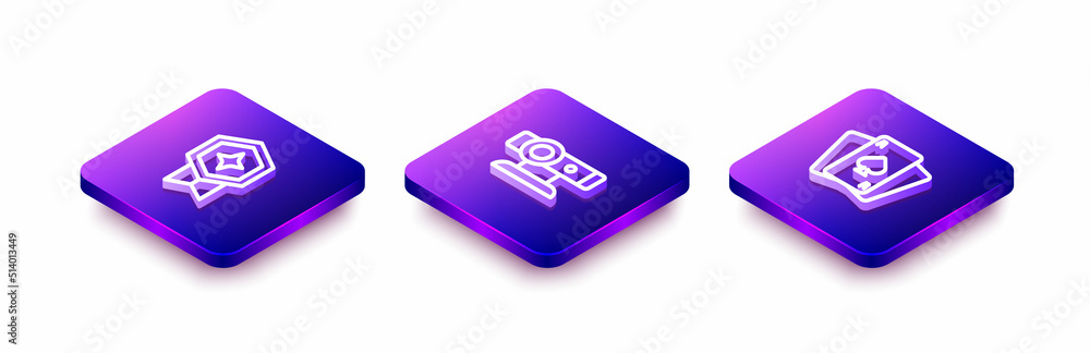 Poster set isometric line game rating with medal, web camera and playing cards icon. vector