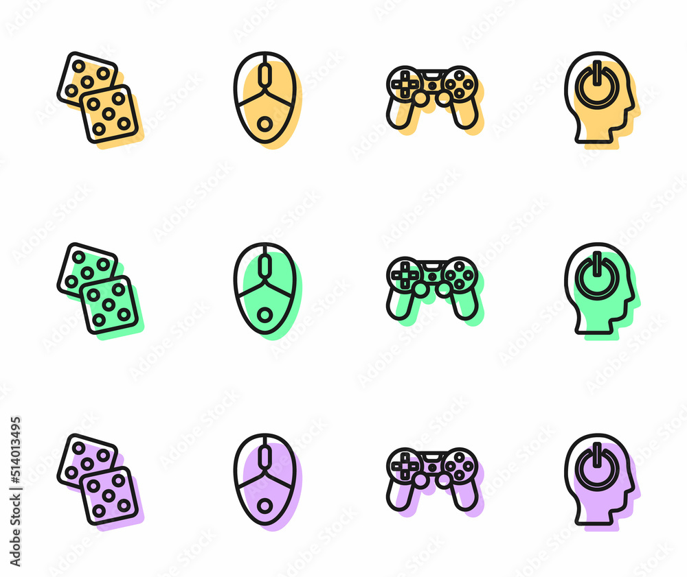 Poster set line game controller or joystick, dice, computer mouse and power button icon. vector