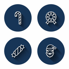 Set line Candy cane with stripes, Christmas wreath, and Santa Claus hat beard with long shadow. Blue circle button. Vector