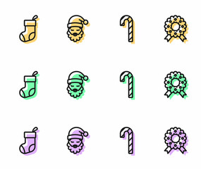 Set line Candy cane with stripes, Christmas stocking, Santa Claus hat beard and wreath icon. Vector