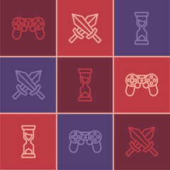 Set line Game controller or joystick, Old hourglass and Sword for game icon. Vector