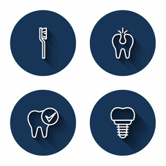 Set line Toothbrush, Broken tooth, and Dental implant with long shadow. Blue circle button. Vector