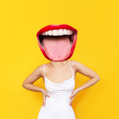A young woman in a white elegant dress headed by huge mouth with red lips showing tongue isolated...
