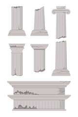 Broken stone columns vector illustrations set. Historic monument, pillars of ancient ruins, old damaged Roman or Greek building isolated on white background. History, architecture, damage concept