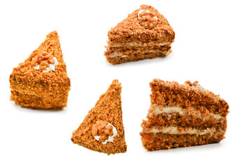 Peace of honey cake isolated on white background.