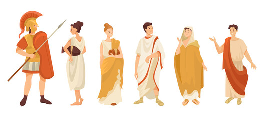 People in traditional Roman clothes vector illustrations set. Adult male and female characters in togas or tunics, gladiator isolated on white background. History, Ancient Rome or Greece concept - obrazy, fototapety, plakaty