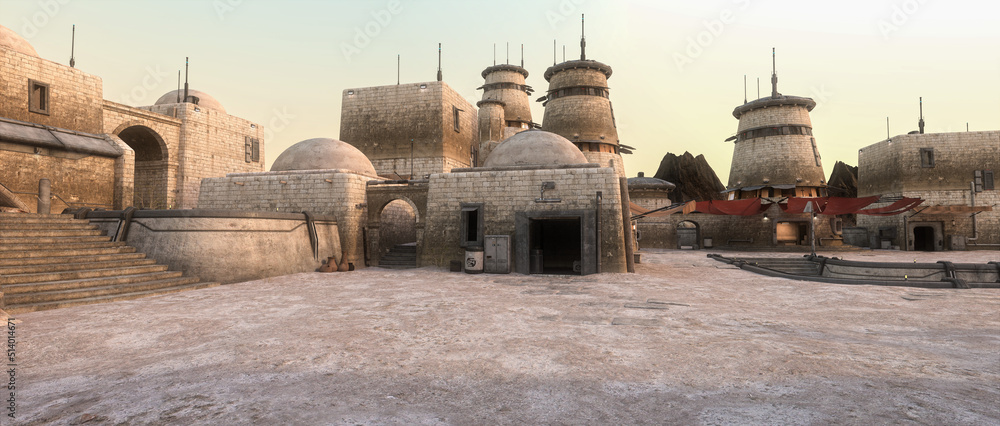 Poster Panoramic 3D rendering of a fantasy sci-fi outpost on a remote alien planet in the outer rim of the galaxy.