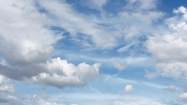 Time-lapse footage of flowing and drifting white clouds in the blue sky.  Cloudscape. Japan.