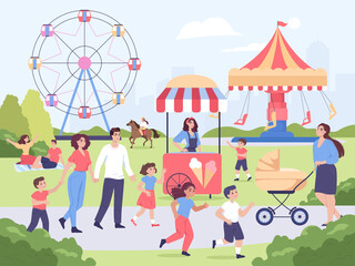 Families having fun in amusement park. People walking, eating, riding horse flat vector illustration. Summer or spring, festival, entertainment concept for banner, website design or landing web page