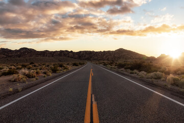 Scenic highway in the mountain landscape. Sunset Sky Art Render. State Route 120, California,...