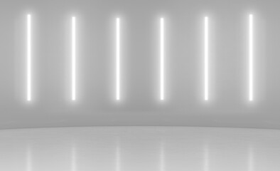 Abstract Futuristic minimal wall scene with vertical glowing neon lighting. Product display presentation empty room concept . 3D Rendering