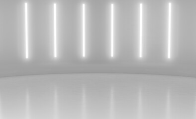 Abstract Futuristic minimal wall scene with vertical glowing neon lighting. Product display presentation empty room concept . 3D Rendering
