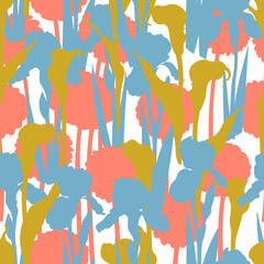 Seamless pattern of bright silhouettes of flowers Calla, Iris, Dahlia. Vector illustration