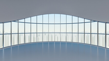 Curve window with white city background. Open space product display showcasw space. 3D rendering.