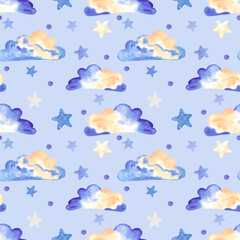 Handdrawn watercolor clouds and stars seamless pattern children's textile. Scrapbook design, typography poster, label, banner, post card.