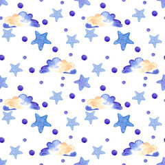 Handdrawn watercolor clouds and stars seamless pattern children's textile. Scrapbook design, typography poster, label, banner, post card.